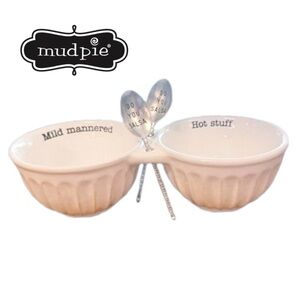 Salsa serving bowl duo by Mud Pie with spoons white